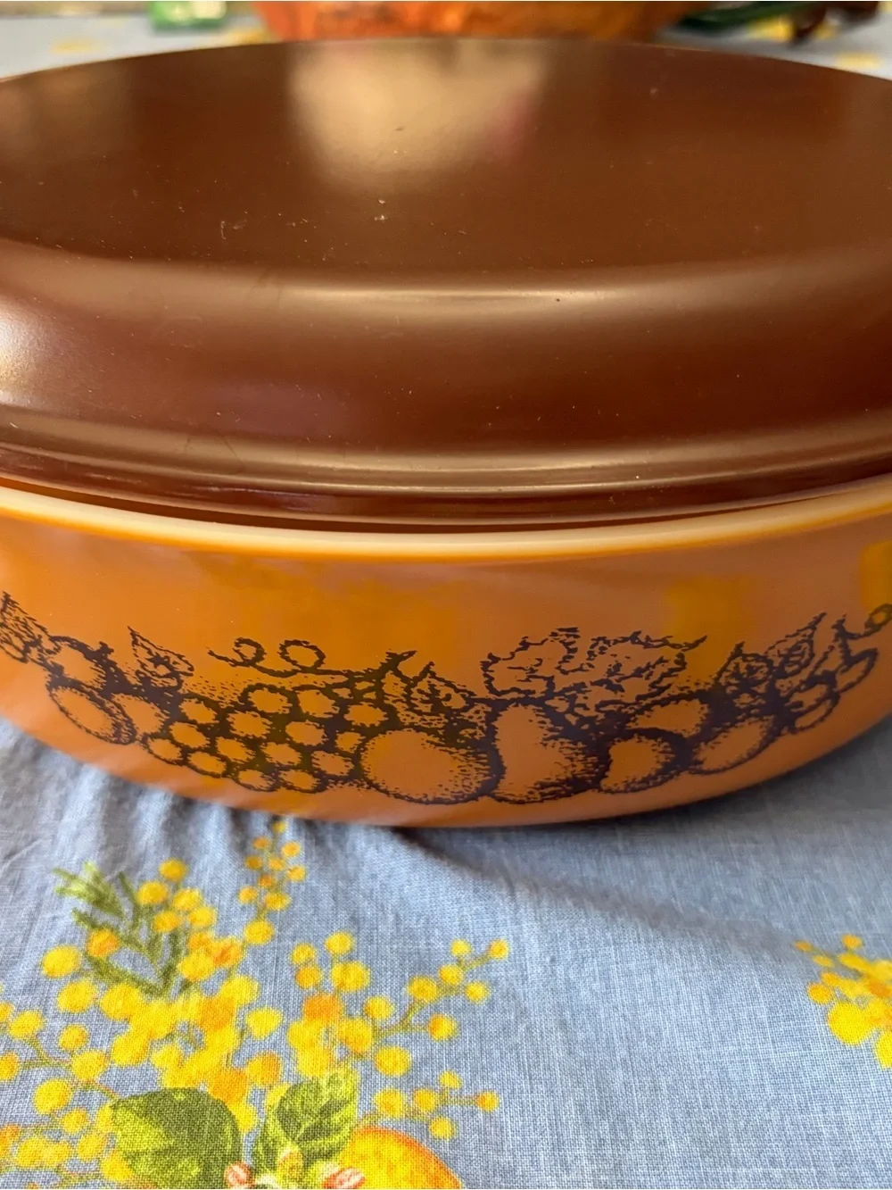 Pyrex Brown and Orange Vitrolite Casserole Dish with Fruit Pattern vintage